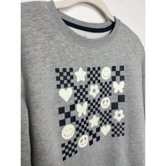 Cat & Jack Girls XL Smiley Checkerboard Sweatshirt Gray Crewneck Pullover Fleece - Picture 4 of 8